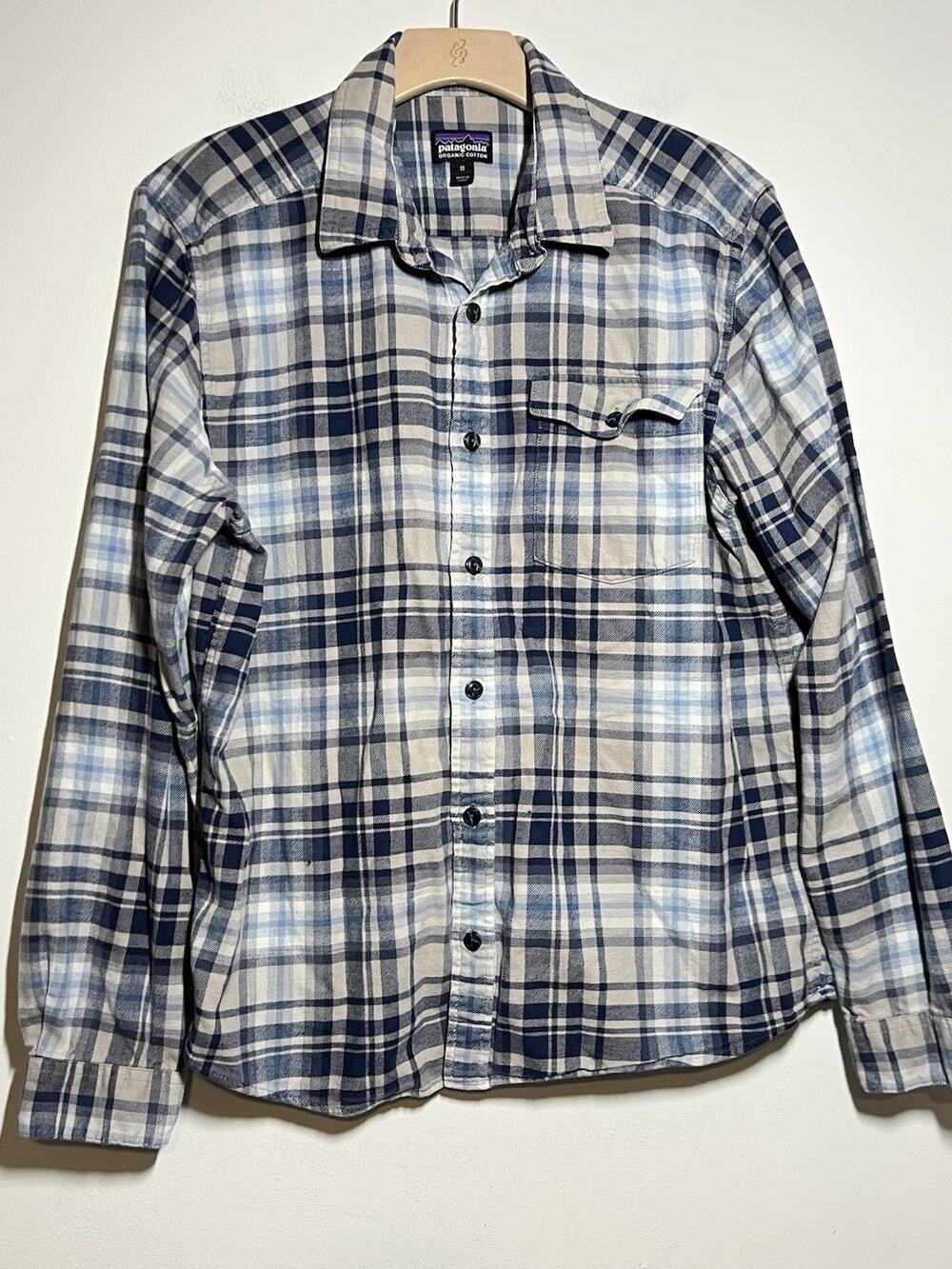 Patagonia Mens EUC Blue Check Organic Cotton Fjord Button Down Flannel Shirt M